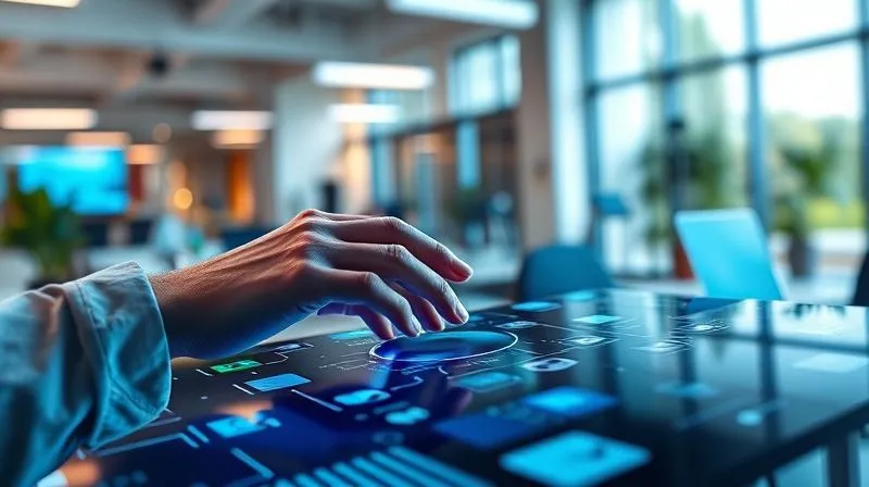 Photorealistic, professional photography, 8K, cinematic lighting, sharp focus, depth of field, shot on a high-end DSLR. A vibrant, futuristic interface displaying interconnected apps and automated workflows, with a digital nomad's hand hovering over a touchpad, symbolizing seamless technological integration and automation for productivity. The background is a modern, clean coworking space with subtle movement.