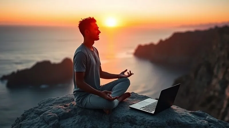 Photorealistic, professional photography, 8K, cinematic lighting, sharp focus, depth of field, shot on a high-end DSLR. A digital nomad meditating peacefully on a cliff overlooking a breathtaking ocean sunset, with a laptop subtly placed beside them, symbolizing mental resilience and well-being amidst a nomadic lifestyle. The lighting is soft and warm, evoking tranquility and balance.