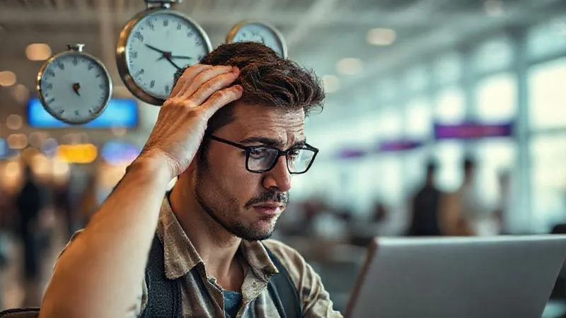 A photorealistic image of a digital nomad looking stressed, with a hand on their forehead, surrounded by multiple clocks showing different time zones and a laptop displaying a complex, overwhelming calendar. The background is a blurred, bustling airport lounge. Cinematic lighting, professional photography, 8K, sharp focus on the nomad's face, depth of field blurring the background, shot on a high-end DSLR.