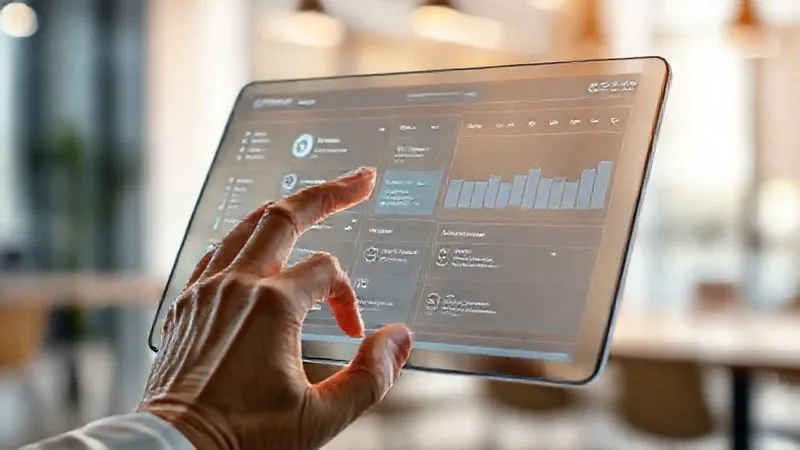 A photorealistic close-up of a digital nomad's hand interacting with a sleek, futuristic transparent tablet displaying an AI-powered task management interface. The interface shows prioritized tasks, predictive completion times, and a global timeline of deadlines. Soft, cinematic lighting highlights the interaction, with a blurred background of a modern, minimalist co-working space. 8K hyper-detailed, professional photography, shot on a high-end DSLR.