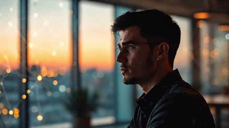 A photorealistic image of a digital nomad thoughtfully looking at a complex, glowing network of data lines and interconnected AI symbols, representing the ethical considerations and challenges of AI. The nomad is in a modern, minimalist co-working space at dusk, with subtle reflections of the city lights outside. Cinematic lighting, sharp focus on the nomad's thoughtful expression and the data network, depth of field blurring the background, 8K hyper-detailed, professional photography, shot on a high-end DSLR.
