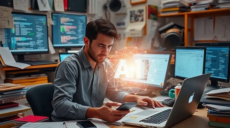 A photorealistic image depicting a digital nomad's workspace overflowing with digital clutter: multiple open laptop screens displaying chaotic data, scattered physical notes, and a smartphone buzzing with notifications. In the foreground, a single, glowing orb of light, symbolizing AI, begins to bring order and clarity to the chaos, focusing disparate elements into a streamlined flow. Professional photography, 8K, cinematic lighting, sharp focus on the AI orb and the nomad's slightly stressed but hopeful expression, depth of field blurring the background, shot on a high-end DSLR.