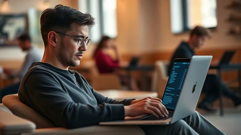 A photorealistic image of a digital nomad, male or female, with a serene and focused expression, sitting comfortably in a well-lit, minimalist co-working space. They are looking at a single, sleek laptop screen that displays organized information, with subtle, glowing lines of data flowing efficiently into the screen, symbolizing AI at work. The background is slightly blurred with other nomads working quietly. Professional photography, 8K, cinematic lighting, sharp focus on the nomad's face and the laptop, depth of field, shot on a high-end DSLR.