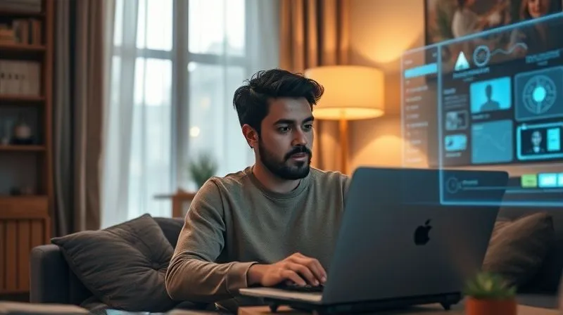 A photorealistic image of a digital nomad, thoughtful and focused, working on a laptop in a cozy, well-lit apartment. Beside them, a subtle, glowing holographic interface displays organized data and AI suggestions, but the nomad is actively engaging with the screen, making decisions, not passively consuming. The scene emphasizes collaboration and control, not overwhelming automation. Professional photography, 8K, cinematic lighting, sharp focus on the nomad and the interactive display, depth of field, shot on a high-end DSLR.