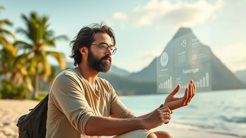 A photorealistic, futuristic image of a digital nomad effortlessly working in a beautiful, exotic location (e.g., a serene beach with palm trees, or a mountain view). The nomad interacts with a minimalist, transparent interface that floats in the air, powered by AI, seamlessly integrating data and tasks. Their expression is calm and empowered, with the digital world harmoniously blending with the natural environment. Professional photography, 8K, cinematic lighting, sharp focus on the nomad and the futuristic interface, depth of field, shot on a high-end DSLR.