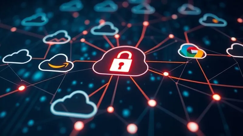 A photorealistic image showing a complex digital network overlaying multiple cloud symbols (AWS, Azure, GCP logos subtly integrated), with glowing lines representing data flows being continuously monitored and authenticated. A central 'lock' icon signifies Zero Trust. Cinematic lighting, sharp focus, 8K, professional photography.