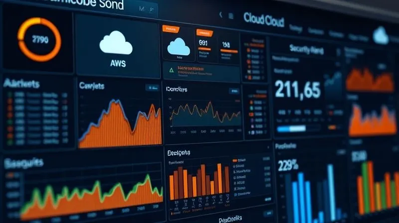 A photorealistic, detailed dashboard displaying various cloud metrics (CPU, memory, network traffic) from different cloud providers (AWS, Azure, GCP logos visible), with an overlay of security alerts and asset inventory. Cinematic lighting, sharp focus, 8K, professional photography.