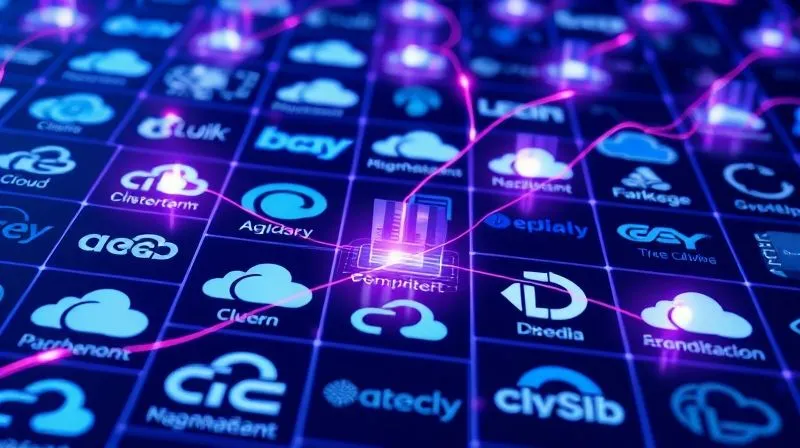 A photorealistic, abstract representation of microsegmentation in a multicloud environment. Glowing lines connect small, isolated digital 'cells' (representing microsegments) across multiple cloud provider logos. A strong digital barrier or firewall is visible between each cell. Cinematic lighting, sharp focus, 8K, professional photography.