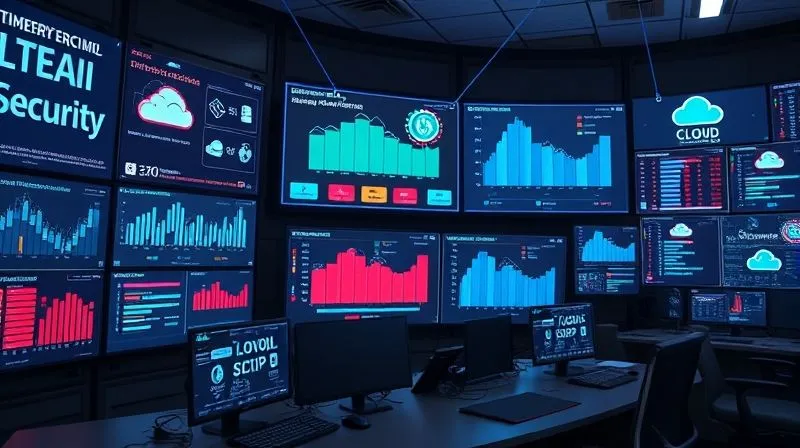 A photorealistic image of a futuristic control room with multiple screens displaying real-time security dashboards and automated scripts running. Digital lines connect different cloud provider symbols, indicating orchestrated security operations. Cinematic lighting, sharp focus, 8K, professional photography.