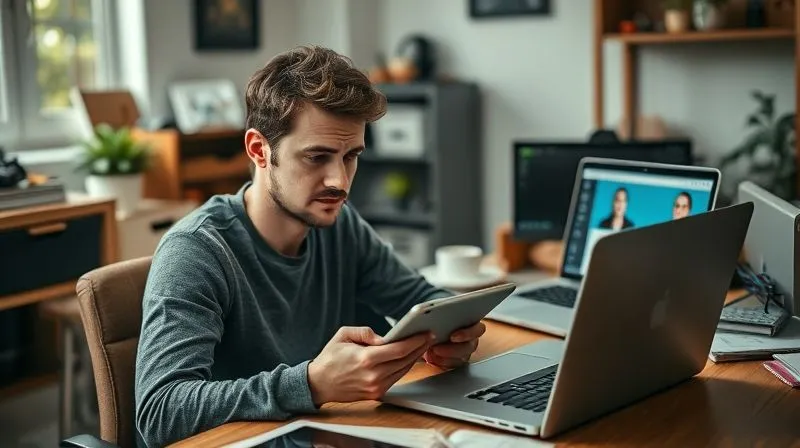 A photorealistic image of a person sitting at a home office desk, looking distracted and bored, scrolling aimlessly on a tablet while an e-learning course is open on their laptop in the background. The room is slightly messy, reflecting common home distractions. Cinematic lighting, sharp focus on the person's disengaged expression, depth of field blurring the background. Professional photography, 8K hyper-detailed, shot on a high-end DSLR.