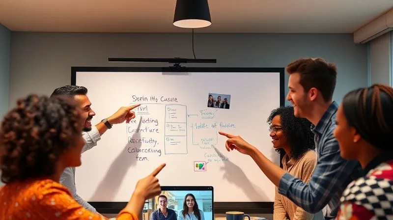 A photorealistic image of a diverse, remote team actively collaborating on a virtual whiteboard, with video call windows open on their screens. Each person is engaged, pointing at their screens, laughing, and showing positive interaction. Cinematic lighting, sharp focus on their faces and screens, depth of field blurring the background. Professional photography, 8K hyper-detailed, shot on a high-end DSLR.