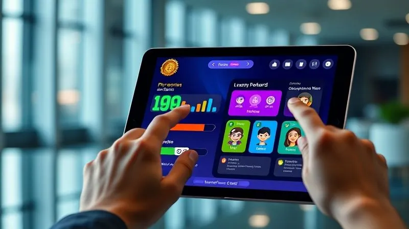 A photorealistic image of a vibrant, gamified e-learning interface on a tablet, displaying progress bars, shiny badges, and a leaderboard with cheerful avatars. A hand is tapping the screen, indicating interaction. Cinematic lighting, sharp focus on the interface details, depth of field blurring a modern, minimalist background. Professional photography, 8K hyper-detailed, shot on a high-end DSLR.