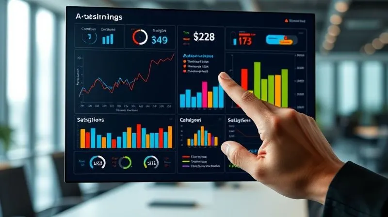 A photorealistic image of a data dashboard displaying various e-learning metrics: completion rates, engagement levels, time spent per module, and user satisfaction scores, presented in clear, colorful charts and graphs. A hand is interacting with a touchscreen, analyzing the data. Cinematic lighting, sharp focus on the dashboard, depth of field blurring a professional office background. Professional photography, 8K hyper-detailed, shot on a high-end DSLR.