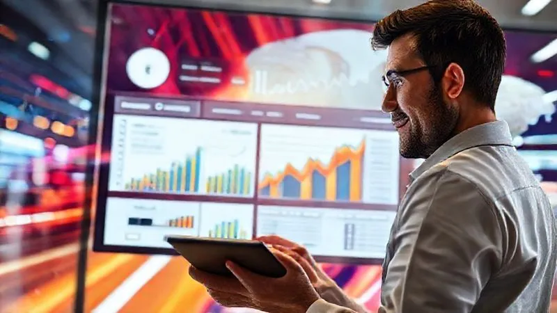 A photorealistic image of a person (gender-neutral) looking confidently at a dashboard displaying positive growth metrics (e.g., website traffic, conversion rates, revenue increase) on a tablet, with a vibrant, dynamic background suggesting movement and global reach. Professional photography, 8K, cinematic lighting, sharp focus, depth of field, shot on a high-end DSLR.