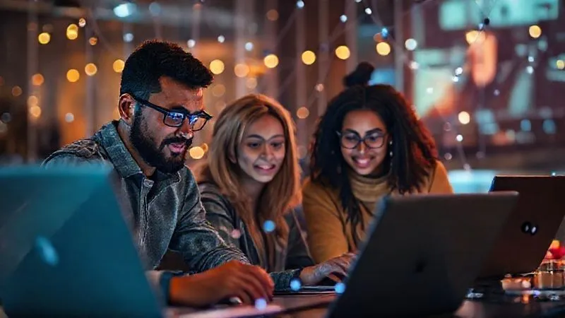 A photorealistic, vibrant image of diverse digital nomads collaborating online, visible through interconnected screens and subtle light trails, suggesting global reach and teamwork across different time zones. Emphasize connection and shared purpose. Professional photography, 8K, cinematic lighting, sharp focus, depth of field, shot on a high-end DSLR.