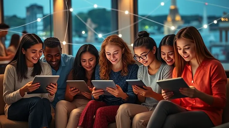 A photorealistic, professional photography image of a diverse group of digital nomads from different cultural backgrounds, each holding a tablet or laptop, engaged in a collaborative online learning session. They are spread across various iconic global locations (e.g., a Parisian café, a Thai beach hut, a co-working space in Berlin), connected by glowing lines of light, symbolizing digital connection. 8K, cinematic lighting, sharp focus, depth of field, shot on a high-end DSLR.