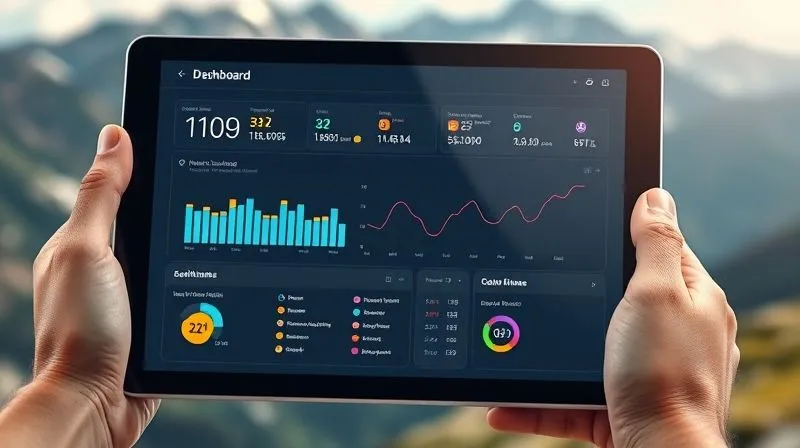 A photorealistic image of a digital dashboard on a tablet screen, displaying elegant data visualizations: progress bars for learning modules, a line graph showing study time trends, and small badges for completed milestones. The tablet is held by a hand with a blurred backdrop of a scenic mountain landscape, symbolizing achievement amidst travel. 8K, cinematic lighting, sharp focus, depth of field, shot on a high-end DSLR.
