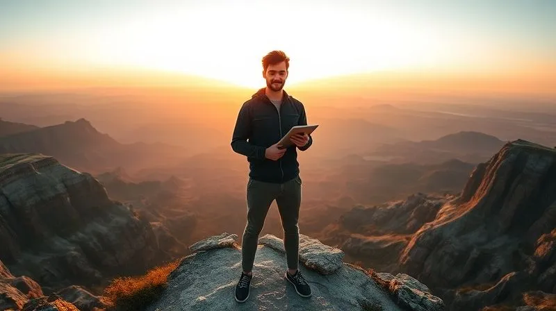 A photorealistic, professional photography image of a wide-angle shot of a digital nomad standing confidently on a cliff overlooking a vast, inspiring landscape at sunrise, holding a tablet with a subtle glow. The light of dawn illuminates their face, symbolizing new beginnings and enlightened journeys. The scene conveys a sense of accomplishment, freedom, and continuous growth. 8K, cinematic lighting, sharp focus, depth of field, shot on a high-end DSLR.