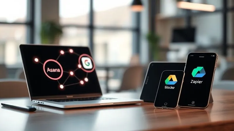 A photorealistic, professional photography shot of a digital nomad's desk setup in a minimalist co-working space, featuring a sleek laptop, tablet, and smartphone displaying various productivity app logos (Asana, Slack, Google Drive, Zapier) subtly interconnected with glowing lines. The background is a blurred, modern office environment. Cinematic lighting, sharp focus on the devices, depth of field. 8K hyper-detailed, shot on a high-end DSLR.