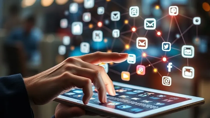 A photorealistic image depicting a digital nomad's hand effortlessly swiping on a tablet, with a complex, interconnected web of glowing lines symbolizing automated workflows between various app icons (email, calendar, project management, social media). The background is a blurred, vibrant digital interface. Cinematic lighting, sharp focus on the hand and tablet. 8K hyper-detailed, shot on a high-end DSLR.