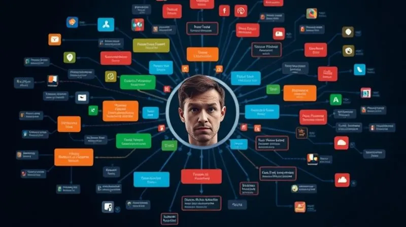 A photorealistic intricate flowchart diagram illustrating a digital nomad's daily workflow, with different colored nodes representing various apps and dashed lines showing manual data transfer. The central node is a person looking frustrated. Professional photography, 8K, cinematic lighting, sharp focus, depth of field.