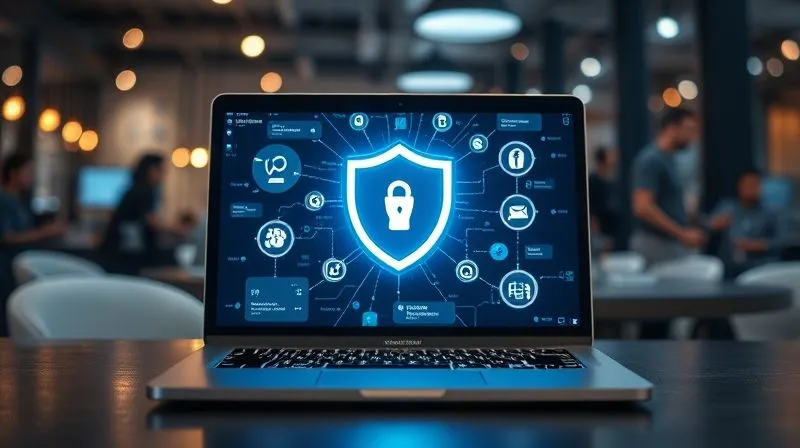 A photorealistic image of a glowing digital shield protecting a network of interconnected apps on a laptop screen, symbolizing robust cybersecurity. The laptop is on a table in a bustling co-working space, with a blurred background. Professional photography, 8K, cinematic lighting, sharp focus on the shield, depth of field.