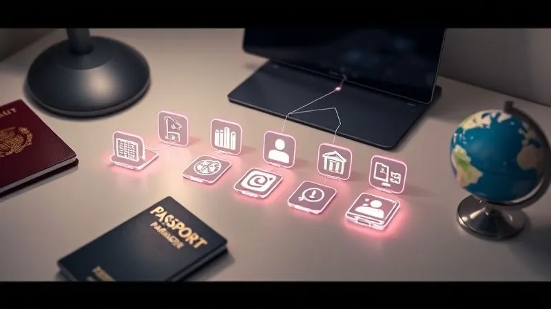 A photorealistic image of a sleek, modern digital toolkit laid out neatly on a minimalist desk, featuring icons representing various categories of apps: project management, communication, cloud storage, and password managers, all subtly interconnected by glowing lines. A passport and a small globe are nearby, symbolizing the nomadic lifestyle. Professional photography, 8K, cinematic lighting, sharp focus, depth of field.