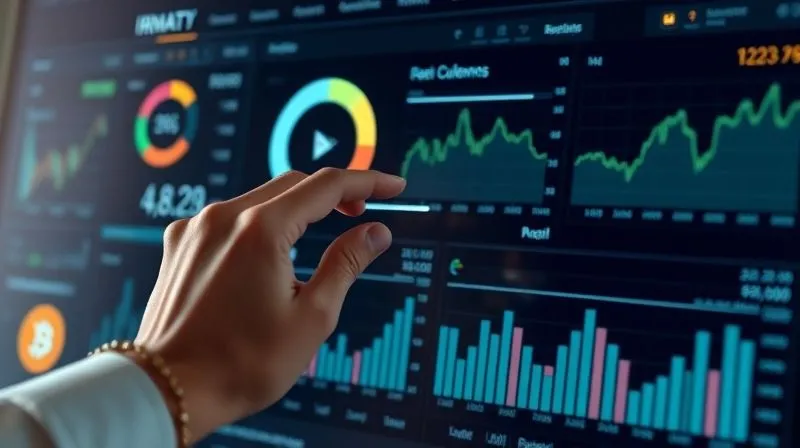 A photorealistic image of a digital dashboard displaying cryptocurrency portfolio performance, with various charts and metrics, reflecting real-time market data. A hand is gently adjusting a slider, symbolizing rebalancing and active management. Professional photography, 8K, cinematic lighting, sharp focus, depth of field.