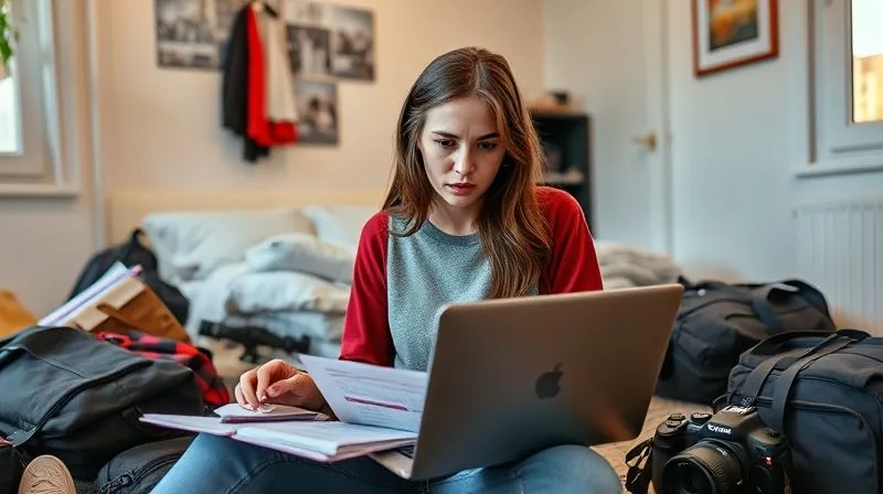 A photorealistic, professional photography, 8K, cinematic lighting, sharp focus, depth of field, shot on a high-end DSLR, showing a frustrated young woman with a laptop, looking at French learning materials, while her backpack and travel gear are scattered around in a temporary accommodation, conveying the challenge of consistency and focus amidst nomadic life.