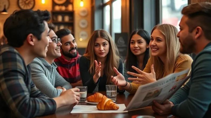A photorealistic, professional photography, 8K, cinematic lighting, sharp focus, depth of field, shot on a high-end DSLR, showing a diverse group of young adults from different backgrounds engaged in a lively conversation, some gesturing, in a cozy, multicultural cafe setting. There are subtle hints of French culture (a croissant on a table, a French newspaper). This image represents authentic language exchange and building a 'French bubble' through social interaction.
