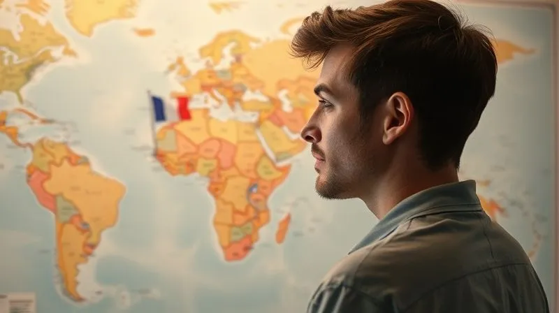 A photorealistic, professional photography, 8K, cinematic lighting, sharp focus, depth of field, shot on a high-end DSLR, showing a person looking thoughtfully at a world map, with small French flags marking various locations, suggesting a journey of language learning and cultural exploration, conveying a sense of purpose and reflection amidst the challenges of nomadic life.