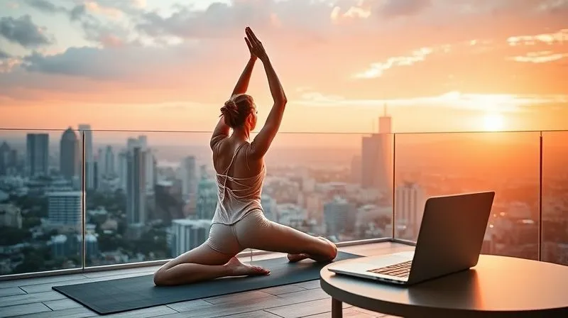 A photorealistic image of a digital nomad stretching gracefully on a yoga mat on a balcony overlooking a vibrant city skyline at sunrise. The laptop is closed on a table nearby. The scene is bathed in soft, warm cinematic lighting, with sharp focus on the nomad and a beautiful depth of field. 8K hyper-detailed, professional photography, shot on a high-end DSLR.
