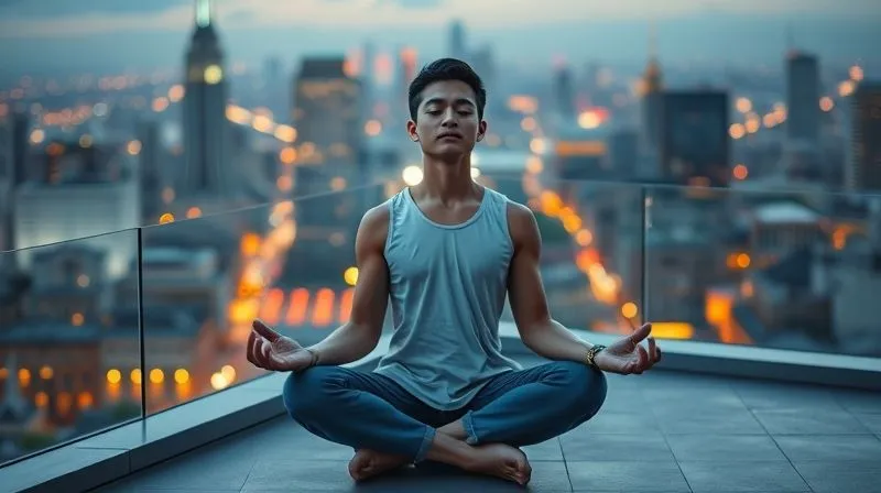 A photorealistic image of a digital nomad meditating peacefully on a rooftop terrace in a bustling city. The city lights twinkle in the background, but the nomad is in a serene state, eyes closed, with soft, ambient cinematic lighting. Sharp focus on the meditator, with a gentle depth of field. 8K hyper-detailed, professional photography, shot on a high-end DSLR.