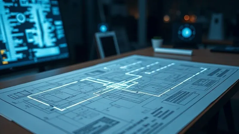 A photorealistic blueprint or architectural drawing of interconnected digital systems, with glowing data lines indicating planned flows, on a drafting table. Cinematic lighting, sharp focus on the blueprint, depth of field blurring background, 8K hyper-detailed, professional photography, shot on a high-end DSLR.