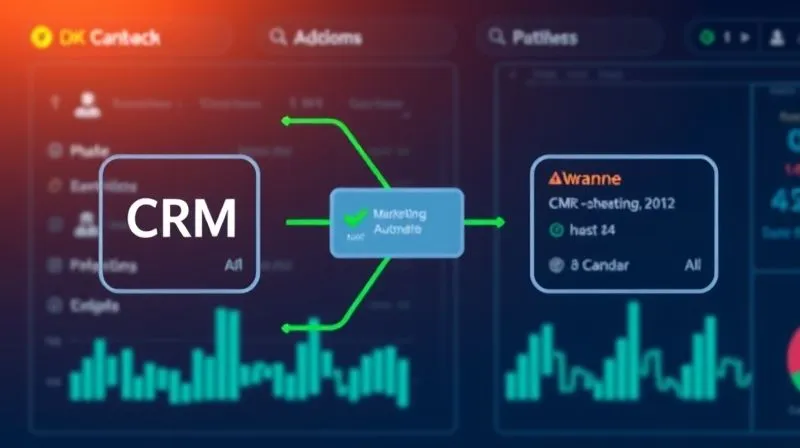 A photorealistic image of a digital dashboard showing data flowing smoothly between two distinct but interconnected systems, represented by stylized icons of CRM and Marketing Automation tools. Green checkmarks indicate successful transfers, while a subtle red warning sign is shown in a log window. Cinematic lighting, sharp focus, 8K hyper-detailed, professional photography, shot on a high-end DSLR.