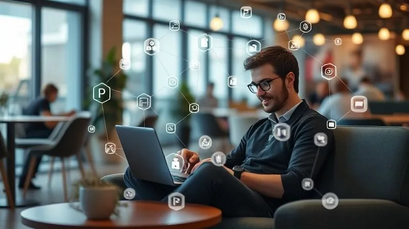 A photorealistic image of a digital nomad sitting comfortably in a modern co-working space, surrounded by a subtle, glowing network of interconnected app icons floating around their laptop screen, representing a harmonious digital ecosystem. Professional photography, 8K, cinematic lighting, sharp focus on the nomad and the glowing network, depth of field blurring the background, shot on a high-end DSLR.