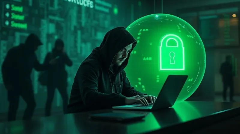 A photorealistic image of a digital nomad working on a laptop in a secure, encrypted digital bubble, while outside the bubble, shadowy figures attempt to access data. The bubble is glowing with green light, symbolizing security. Professional photography, 8K, cinematic lighting, sharp focus on the secure bubble, depth of field blurring the background, shot on a high-end DSLR.