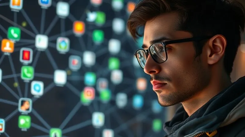 A photorealistic image of a digital nomad looking thoughtfully at a complex web of interconnected app icons, with some connections glowing green (successful) and others showing a subtle red warning sign (challenges). The nomad has a determined expression, ready to troubleshoot. Professional photography, 8K, cinematic lighting, sharp focus on the nomad and the app network, depth of field blurring the background, shot on a high-end DSLR.