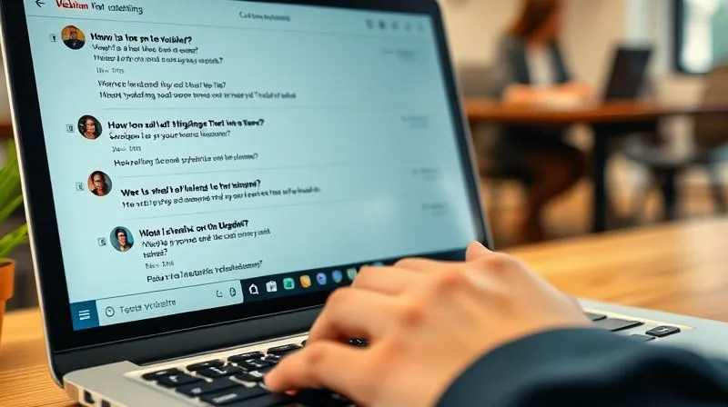 A photorealistic close-up of a laptop screen displaying an active webinar chat window, with diverse, thoughtful questions and comments from participants scrolling. The text is clear and engaging, showing genuine interaction. The user's hand is on the keyboard, ready to type, with a backdrop of a blurred co-working space. Cinematic lighting, sharp focus on the screen and hand, depth of field. 8K hyper-detailed, shot on a high-end DSLR.