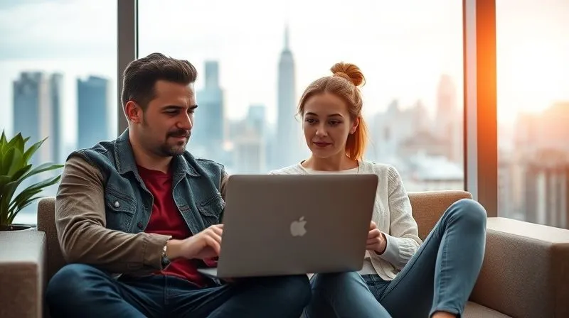 A photorealistic, vibrant image of two digital nomads, one male and one female, sitting comfortably in a modern co-working space, deeply engrossed in a collaborative project on a shared laptop. Their expressions convey understanding, trust, and shared enthusiasm. A subtle background of a bustling, yet inspiring, global city is visible through a large window. Cinematic lighting, sharp focus on their faces and the laptop screen, depth of field. 8K hyper-detailed, shot on a high-end DSLR.