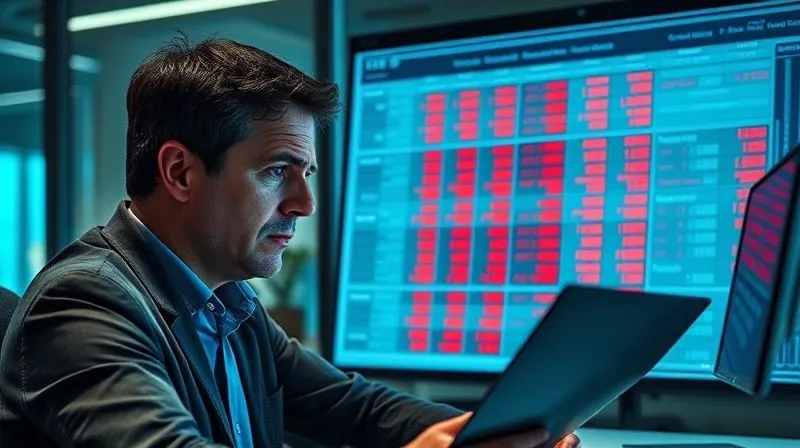 A photorealistic image of a frustrated business owner looking at a complex spreadsheet with red numbers representing costs and potential losses from untrained staff. The office is modern but the lighting is somewhat dim, reflecting the challenge. Cinematic lighting, sharp focus on the person and the spreadsheet, 8K hyper-detailed.