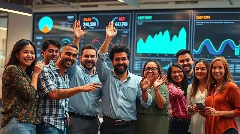 A photorealistic image of a diverse group of employees celebrating a successful project, with data dashboards showing positive trends in sales, productivity, and customer satisfaction in the background. The atmosphere is vibrant and collaborative, cinematic lighting, sharp focus on the team, depth of field blurring the office environment. 8K hyper-detailed.