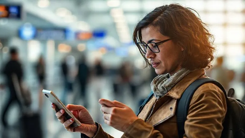 A photorealistic, professional photography, 8K, cinematic lighting, sharp focus, depth of field, shot on a high-end DSLR, of a digital nomad calmly using a smartphone to check flight status and contact airline support, surrounded by a blurry background of a bustling airport. The individual is focused, organized, and appears to be efficiently managing the situation.