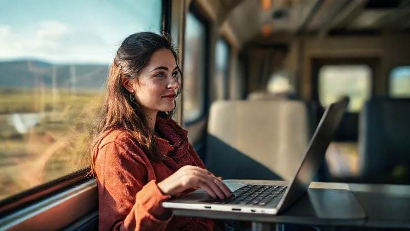 A photorealistic, professional photography, 8K, cinematic lighting, sharp focus, depth of field, shot on a high-end DSLR, of a digital nomad (similar to Sofia) on a train, looking out the window at a beautiful landscape, with a laptop open on the tray table, a serene expression on her face, showcasing unexpected travel and resilience. Focus on the sense of discovery and adaptability.