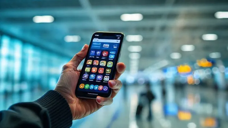 A photorealistic, professional photography, 8K, cinematic lighting, sharp focus, depth of field, shot on a high-end DSLR, of a hand holding a smartphone displaying various travel apps (like flight trackers, booking sites, communication apps) with a blurred airport background, emphasizing connectivity and digital tools for managing travel disruptions.