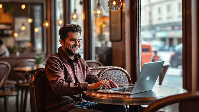 A photorealistic, professional photography, 8K, cinematic lighting, sharp focus, depth of field, shot on a high-end DSLR, of a digital nomad sitting calmly in an unexpected, charming cafe in an unknown city, working on a laptop with a serene smile, having turned a flight cancellation into an opportunity for a pleasant detour and productive work. Focus on the positive spin of an unexpected situation.