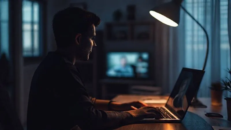 A photorealistic image showing a single person in a dimly lit home office, looking isolated and disengaged, with a laptop screen displaying a blurry video call. The mood is somber and quiet, emphasizing the feeling of disconnection. Cinematic lighting, sharp focus, depth of field, 8K hyper-detailed, professional photography, shot on a high-end DSLR.