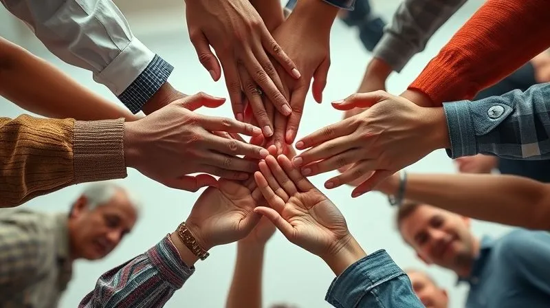 A photorealistic image of diverse hands (representing different cultures) coming together to form a strong, interlocking structure, symbolizing a unified remote team culture. professional photography, 8K, cinematic lighting, sharp focus, depth of field, shot on a high-end DSLR.