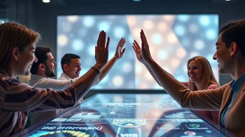 A photorealistic image of a diverse group of people (representing a remote team) virtually high-fiving across glowing digital screens, with a sense of shared accomplishment and joy. professional photography, 8K, cinematic lighting, sharp focus, depth of field, shot on a high-end DSLR.