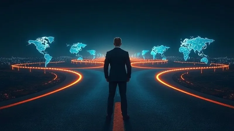 A photorealistic image of a lone, determined leader standing at a virtual crossroads, with glowing digital paths leading to different global locations, symbolizing adaptive leadership in a remote, nomadic context. professional photography, 8K, cinematic lighting, sharp focus, depth of field, shot on a high-end DSLR.